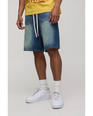 Boohoo Contrast Stitch Drawcord Rigid Denim Jorts - Blue