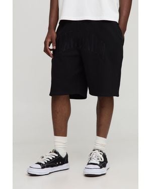 BoohooMAN Oversized Tonal Worldwide Embroidered Mid Length Shorts - Black