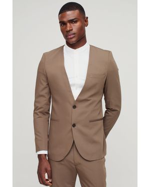 BoohooMAN Skinny Fit Collarless Single Breasted Blazer - Brown