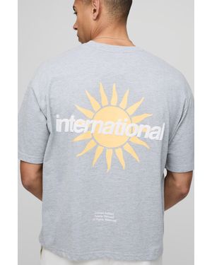 BoohooMAN Oversized Boxy International Sun Slogan Print T-Shirt - Gray