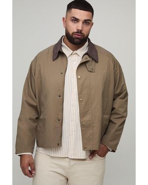 BoohooMAN Plus Boxy Cord Collar Embroidered Worker Jacket - Brown