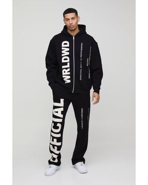 BoohooMAN Oversized Worldwide Official Text Print Zip Through Tracksuit - Blue