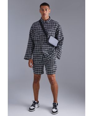 BoohooMAN Long Sleeve Boxy Check Shirt & Cargo Short Set - Blue