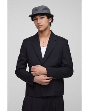 BoohooMAN Gerade Anzug-Blazer mit Fischgräten-Print und elastischem Saum - Schwarz