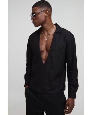 BoohooMAN Oversized Wrap Front Long Sleeve Linen Blend Shirt - Black