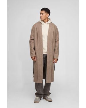 BoohooMAN Single Breasted Shawl Collar Self Belted Longline Marl Melton Overcoat - Natural