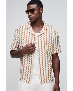 BoohooMAN Regular Revere Textured Open Weave Stripe Shirt - Natural