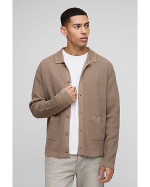 BoohooMAN Oversized Boxy Pocket Detail Ribbed Knitted Shirt - Brown