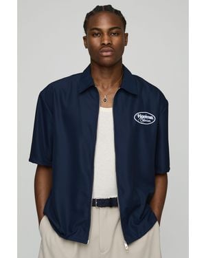 BoohooMAN Oversized Zip Through Soft Twill Homme Graphic Shirt - Blue