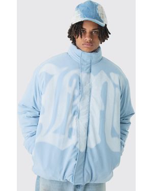 BoohooMAN Oversized Spray M Print Funnel Neck Puffer Jacket - Blue