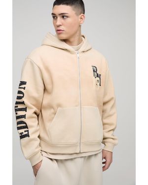 BoohooMAN Oversized Boxy Zip Through Spray Wash Official Moto Hoodie - Natural