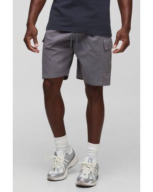 BoohooMAN Elasticated Waist Baggy Herringbone Washed Twill Long Cargo Shorts - Blue