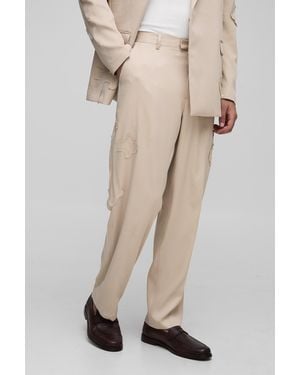 BoohooMAN Relaxed Fit Cross Applique Suit Trouser - Natural