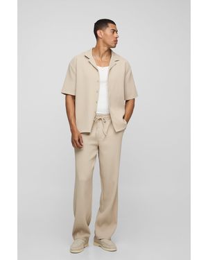BoohooMAN Oversized Revere Pleated Shirt & Pants Set - Natural
