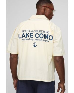 BoohooMAN Oversized Boxy Revere Lake Como Embroidered Stripe Shirt - Natural