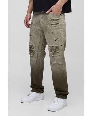 Boohoo Straight Leg Ripped Paint Splatter Carpenter Jeans - Natural