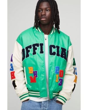Boohoo Boxy Fit Letter Badge Official Applique Pu Varsity Bomber Jacket - Verde