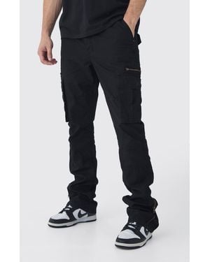 BoohooMAN Tall Slim Flare Zip Gusset Overdye Acid Wash Cargo Trousers - Black