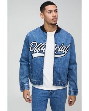 BoohooMAN Boxy Official Embroidered Dark Wash Denim Bomber - Blue
