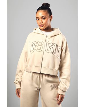 BoohooMAN Dsgn Studio Collegiate Embroidered Boxy Zip Through Hoodie - Natural