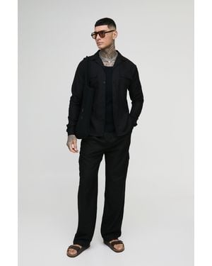 BoohooMAN Tall Regular Linen Cargo Shirt & Trouser Set - Black