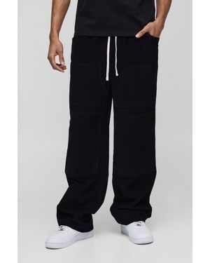 BoohooMAN Elasticated Waist Relaxed Carpenter Waffle Corduroy Trousers - Black