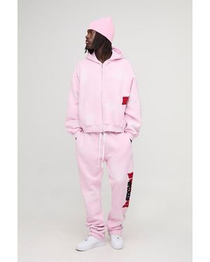 BoohooMAN Oversized Boxy Worldwide Towelling Applique Zip Through Hooded Tracksuit - Pink