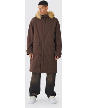 BoohooMAN Oversized Twill Parka With Faux Fur Hood Trim In Chocolate - Brown