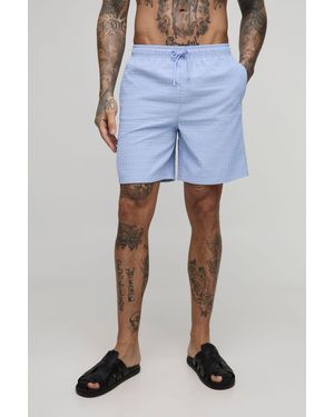 BoohooMAN Tall Seersucker Plaid Mid Length Swim Trunks - Blue