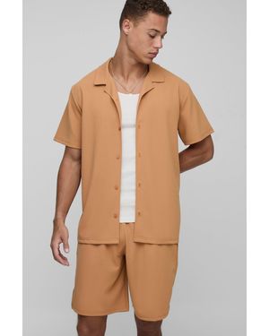 BoohooMAN Tall Scuba Twill Regular Fit Shirt And Relaxed Short Set - Brown