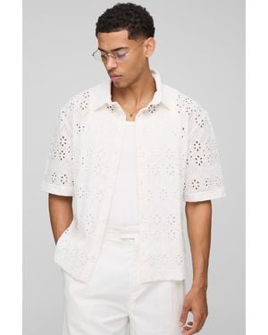 BoohooMAN Oversized Broderie Collared Shirt - White