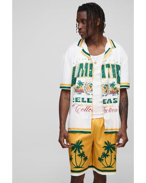 BoohooMAN Tall Oversized Limited Slogan Satin Printed Shirt & Short Set - Green