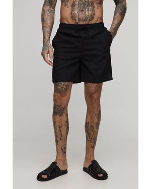 BoohooMAN Tall Seersucker Plaid Mid Length Swim Trunks - Black