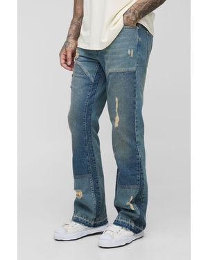 BoohooMAN Tall Slim Rigid Flared Distressed Carpenter Jeans - Blue