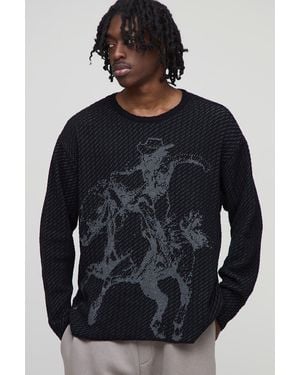 BoohooMAN Oversized Long Sleeve Textured Western Knitted T-Shirt - Blau