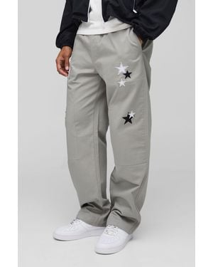 BoohooMAN Elasticated Waist Relaxed Fit Star Carpenter Pants - Gray