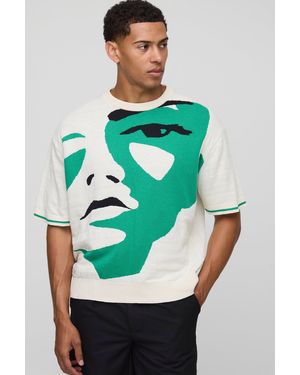 BoohooMAN Oversized Boxy Face Jacquard Knitted T-shirt - Green
