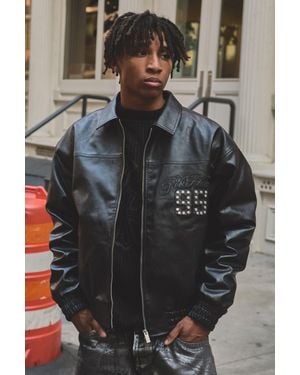 BoohooMAN Oversized Boxy Fit Studded Pu Collared Varsity Bomber Jacket - Black