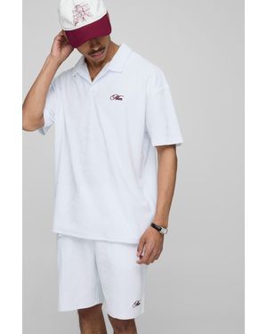 BoohooMAN Oversized Embroidered Towelling Revere Polo & Short Set - White