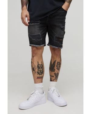 BoohooMAN Skinny Fit Ripped Washed Jean Shorts - Black