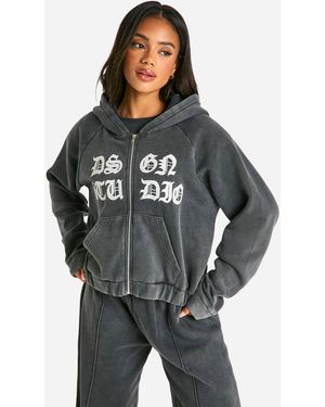 BoohooMAN Dsgn Studio Applique Washed Hooded Zip Through Jacket - Grey