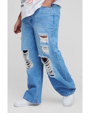 BoohooMAN Plus Relaxed Ripped Rigid Jeans - Blue