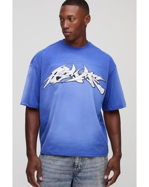 BoohooMAN Oversized Boxy Graffiti Washed T-shirt - Blue