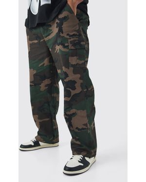 BoohooMAN Plus Fixed Waist Camo Twill Cargo Trousers - Black