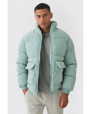 BoohooMAN Salbeifarbene Fleece-Steppjacke mit Trichterkragen - Grün