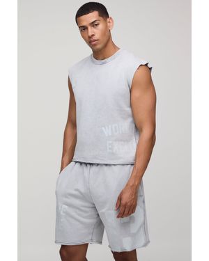 Boohoo Oversized Boxy Varsity Washed Tank & Short Set - White