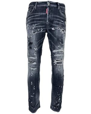 BoohooMAN Dsquared2 Skater Jean Reinforced Ripped Paint Splatter Black Wash Jeans - Blue