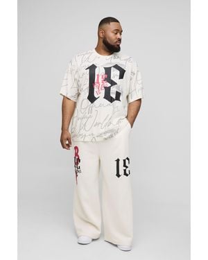 Boohoo Plus Graffiti Oversized T-Shirt & Wide Leg Jogger Tracksuit - White