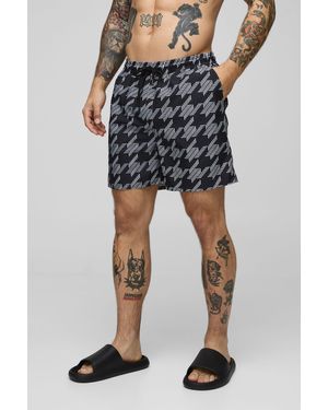 BoohooMAN Houndstooth Print Mid Length Swim - Black
