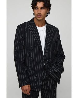 BoohooMAN Oversized Warped Pinstripe Blazer - Blue